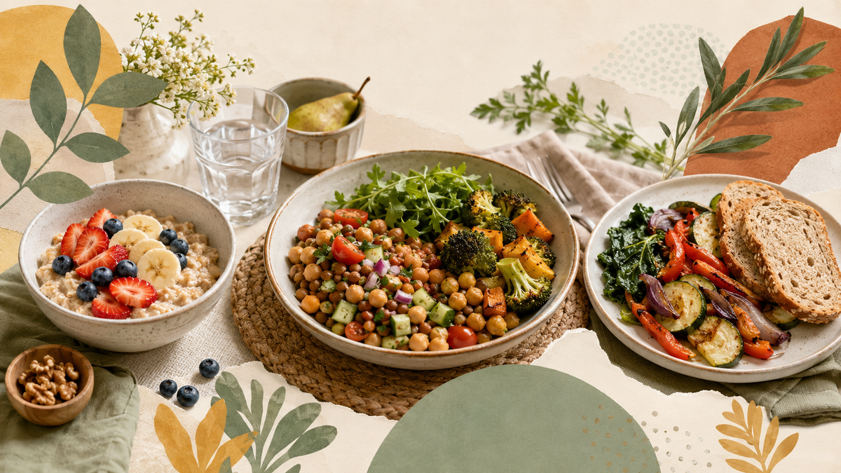 Desayuno, comida y cena cotidianos preparados con avena, legumbres, verduras y pan integral