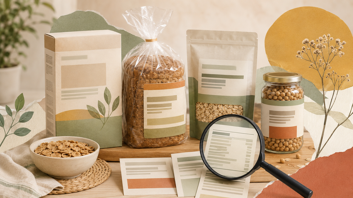 Envases alimentarios neutros y una lupa para comparar ingredientes y contenido en fibra